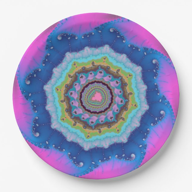 Plato De Papel Aniversario de la Fractal Rosa y Azul (Anverso)