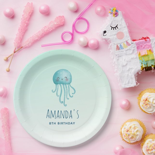 Plato De Papel Aniversario de la medusa azul-verde dulce y divert (Fiesta)