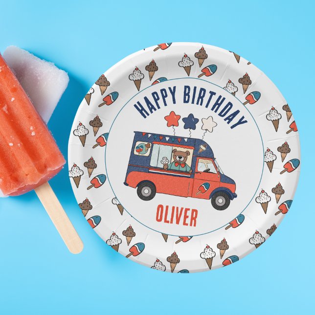 Plato De Papel Aniversario de la natalidad de la Crema de Hielo d (Cute Ice Cream Truck Personalized Birthday Party Plates)