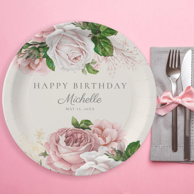 Plato De Papel Aniversario de la natalidad de las mujeres con flo (Blush pink vintage floral custom paper plates)