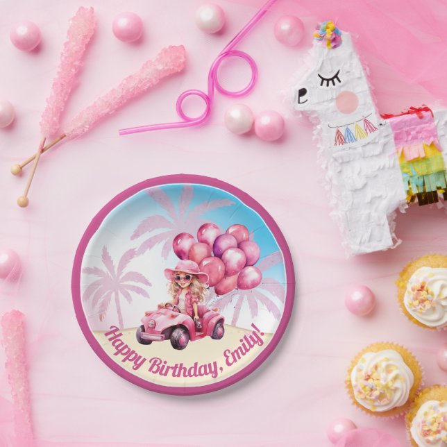 Plato De Papel Aniversario de la playa de Pink Convertible (Fiesta)