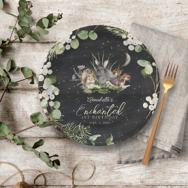 Plato De Papel Aniversario de los animales de los bosques boscoso (Enchanted Forest Woodland Animals Kid's Birthday Paper Plate)