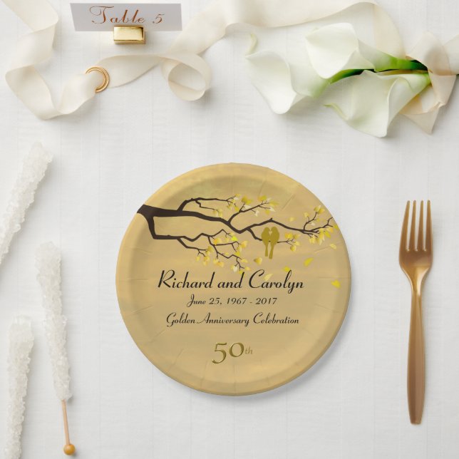 Plato De Papel Aniversario de Oro de Lovebirds (Boda)