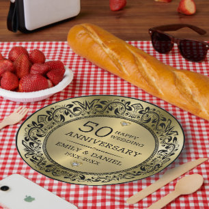 Plato De Papel Aniversario del 50° boda de Black Swirly
