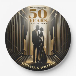Plato De Papel Aniversario del Boda Art Deco Retro Negro y Oro