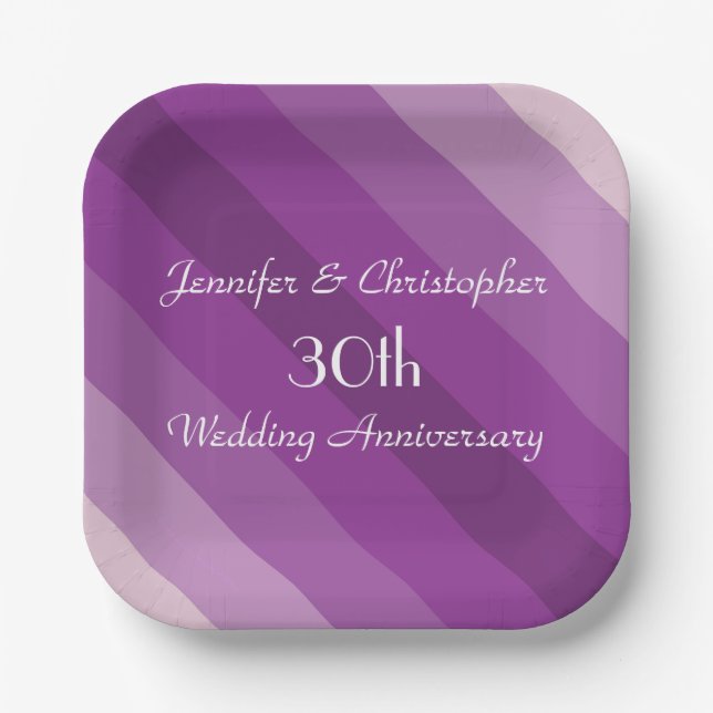 Plato De Papel Aniversario del Boda Purple Striped 30 (Anverso)