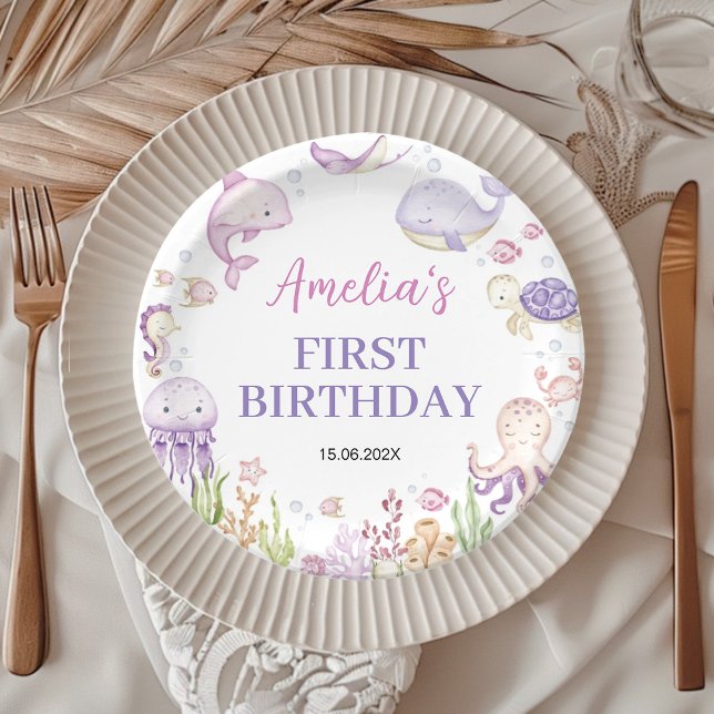 Plato De Papel Aniversario del Chica de Animales Oceánicos Bajo e (Subido por el creador)