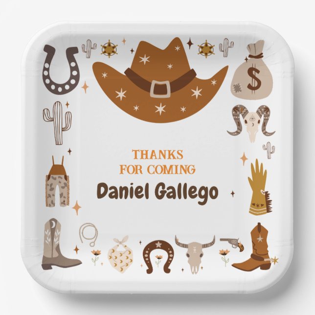 Plato De Papel Aniversario del Cowboy de Brown Cute (Anverso)