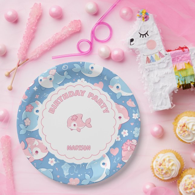 Plato De Papel Aniversario del delfín y las flores (Fiesta)
