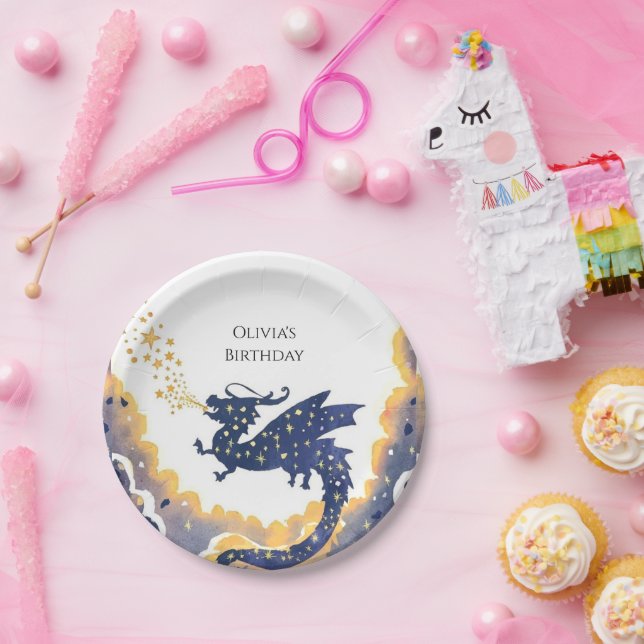 Plato De Papel Aniversario del Dragón Simple Encantado (Fiesta)