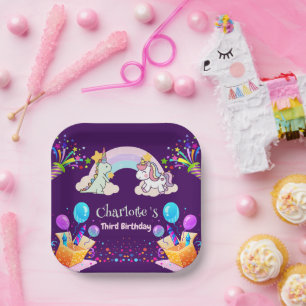 Plato De Papel Aniversario del globo de arco iris de la dinosauri