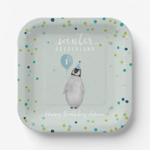 Plato De Papel Aniversario del Pingüino del Globo Azul de Onederl
