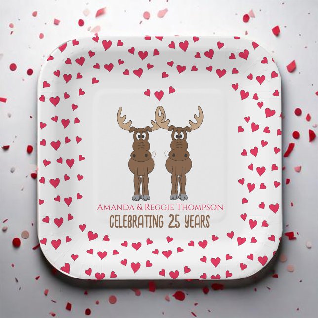 Plato De Papel Aniversario divertido personalizado (Whimsical Moose Anniversary Party Paper Plate)