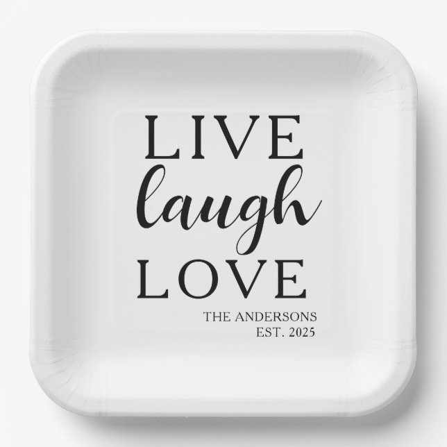 Plato De Papel Aniversario establecido de Live Laugh Love Name (Anverso)