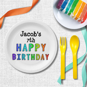 Plato De Papel Aniversario feliz del Arcoiris personalizado