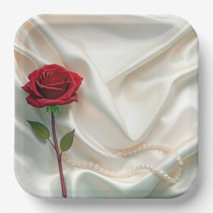 Plato De Papel Aniversario Rosa Roja y Perlas en satén