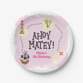Plato De Papel Aniversario rosado del mapa pirata