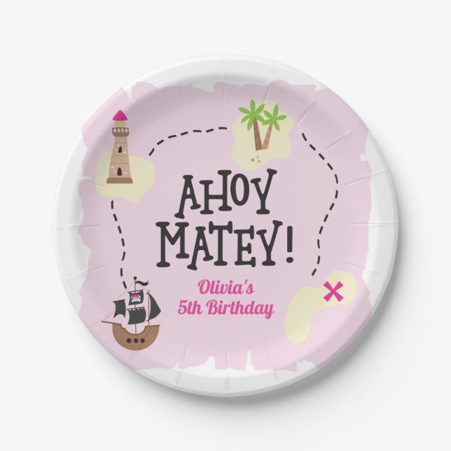 Plato De Papel Aniversario rosado del mapa pirata (Anverso)