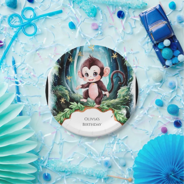Plato De Papel Aniversario simple de mono lindo (Fiesta)