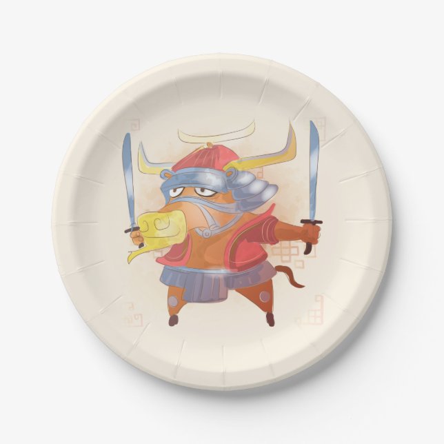 Plato De Papel Año acuarela del ox, Samurai (Anverso)