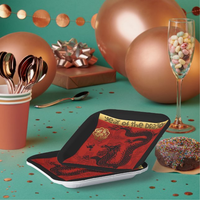 Plato De Papel Año Chino Dragón Cute 2024 Cumpleaños Zodiaco PP (Multi)