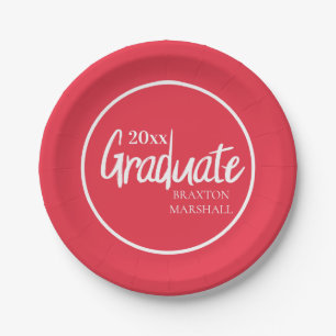 Plato De Papel Año de graduación nombre en rojo y blanco