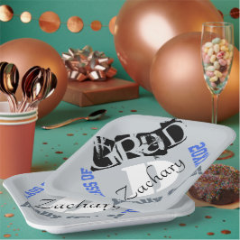 Plato De Papel Año de Graduación Real Azul Monograma Plata