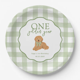 Plato De Papel Año Dorado Uno Cumpleaños Goldendoodle Verde