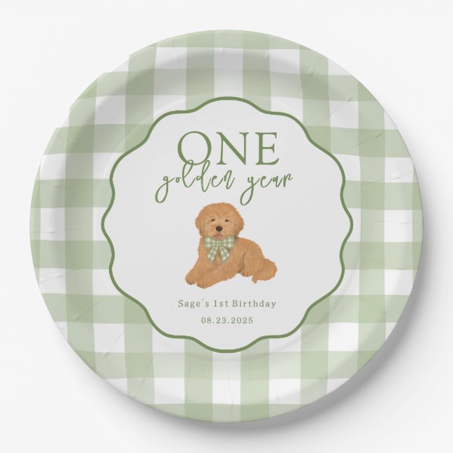 Plato De Papel Año Dorado Uno Cumpleaños Goldendoodle Verde (Anverso)