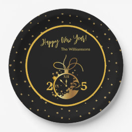 Plato De Papel Año feliz año nuevo reloj negro de oro