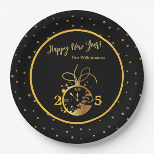 Plato De Papel Año feliz año nuevo reloj negro de oro