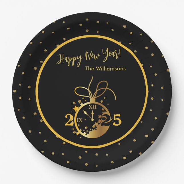 Plato De Papel Año feliz año nuevo reloj negro de oro (Anverso)