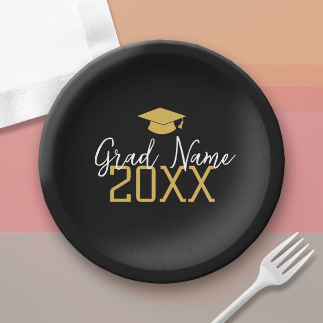 Plato De Papel Año Grande - Nombre y gorro - Graduación de oro ne (Custom Graduation Paper Plate)