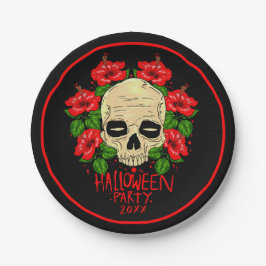 Plato De Papel Año Halloween 20xx Calavera Rojo Hibiscus Negro 7"
