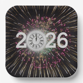 Plato De Papel Año Nuevo 2026 Víspera De La Luna Y El Reloj