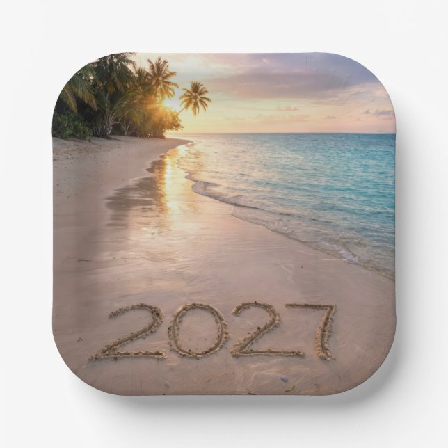 Plato De Papel Año Nuevo 2027 Playa Tropical (Anverso)