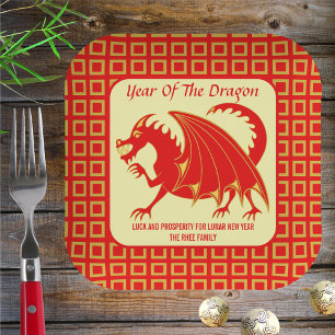 Plato De Papel Año Nuevo Lunar 2024 Dragón Rojo Personalizado Fie