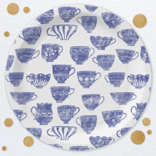 Plato De Papel Antigua taza de té azul vintage acuarela