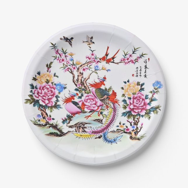 Plato De Papel Antiguas aves florales chinas Chinoiserie blanca (Anverso)