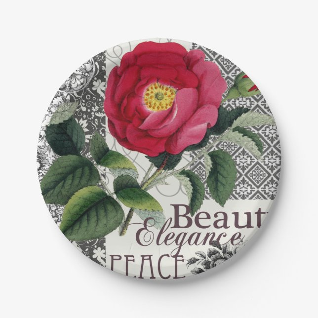 Plato De Papel Antigüedad floral de la Bonito de Damasco Rosa (Anverso)