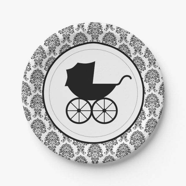 Plato De Papel Antiguo Bebé Carriage Elegante Damask | Baby Showe (Anverso)