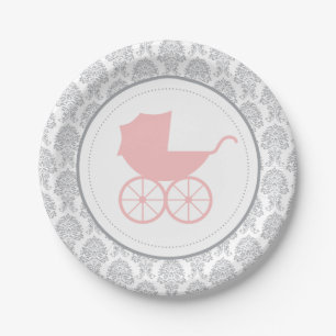 Plato De Papel Antiguo Bebé Carriage Elegante Damask   Baby Showe