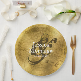 Plato De Papel Antiguo Boda de mapas metálicos antiguos de oro