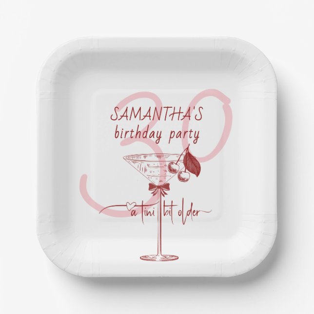 Plato De Papel Antiguo Bow Moderno Cherry Martini Cumpleaños (Anverso)