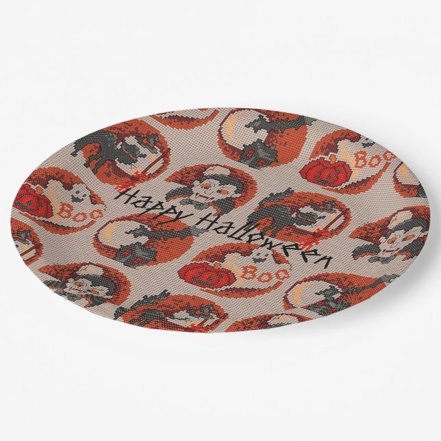 Plato De Papel Antiguo Fashion Halloween Faux Cross Stitch Plates (Angular)