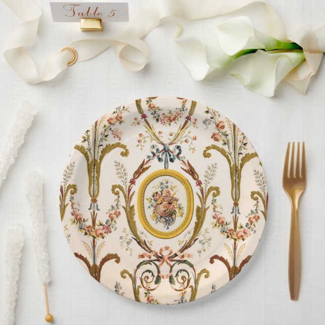 Plato De Papel Antiguo Rococo Floral Gold Cream Elegante (Boda)