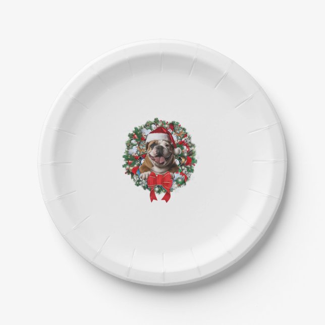 Plato De Papel Antiguos Navidades de Bulldog ingleses Wreath Deco (Anverso)
