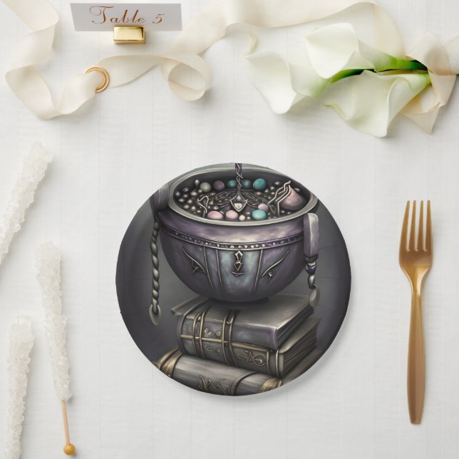 Plato De Papel Antique Steampunk Cauldron | Pila de libros de tex (Boda)