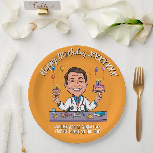 PLATO DE PAPEL ANTISTRESS DOCTORS BIRTHDAY PARTY ORANGE (Boda)