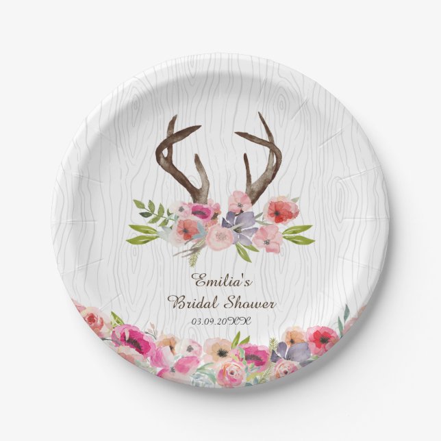 Plato De Papel Antlers de acuarela Flores silvestres Ducha de Fau (Anverso)
